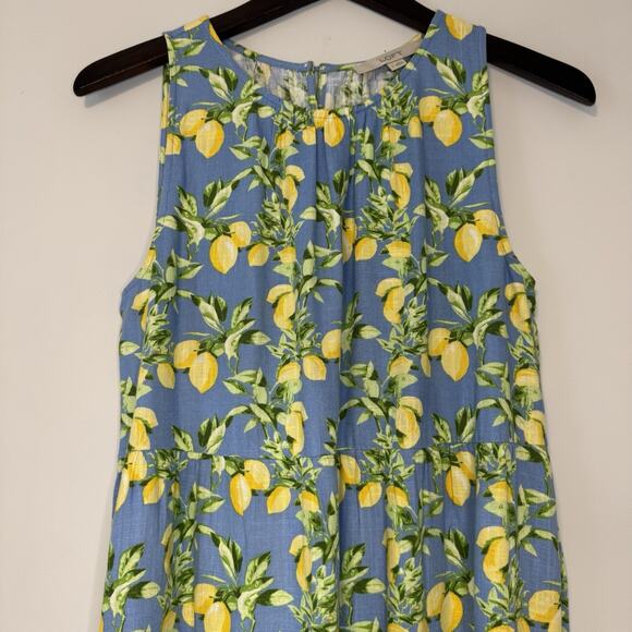 LOFT Lemon Print Tiered Swing Dress Women's Small Blue Yellow Linen Blend - Picture 3 of 13